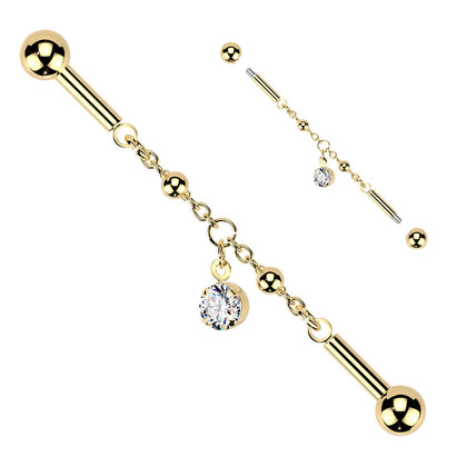 316L Surgical Steel Gold PVD Beaded Chain White CZ Circle Dangle Flexible Industrial Barbell - Pierced Universe