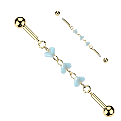 316L Surgical Steel Gold PVD Light Blue Heart Glass Bead Chain Flexible Industrial Barbell