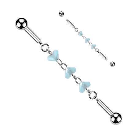 316L Surgical Steel Light Blue Heart Glass Bead Chain Flexible Industrial Barbell