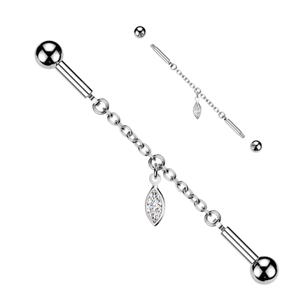 316L Surgical Steel White CZ Bezel Marquise Gem Dangle Flexible Industrial Barbell