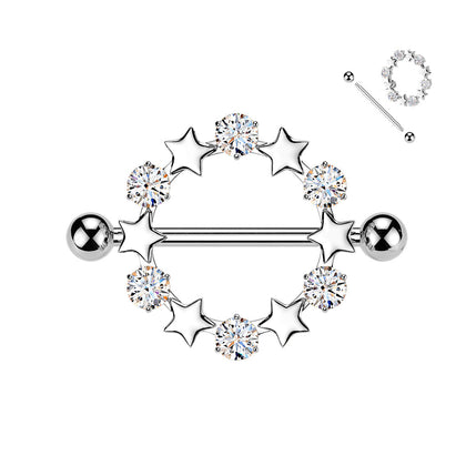 316L Surgical Steel White CZ & Star Full Circle Shield Nipple Ring