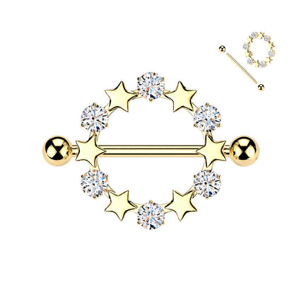 316L Surgical Steel Gold PVD White CZ & Star Full Circle Shield Nipple Ring
