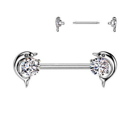 316L Surgical Steel White CZ Dolphin Nipple Ring Straight Barbell