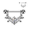 316L Surgical Steel Large White CZ Gem Vine Leaves Shield Nipple Ring Straight Barbell - Pierced Universe