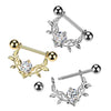 316L Surgical Steel Gold PVD Large White CZ Gem Vine Leaves Shield Nipple Ring Straight Barbell - Pierced Universe