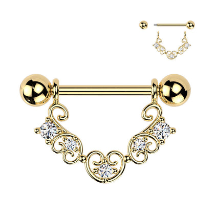 316L Surgical Steel Gold PVD White CZ Filigree Heart Shield Nipple Ring Straight Barbell - Pierced Universe