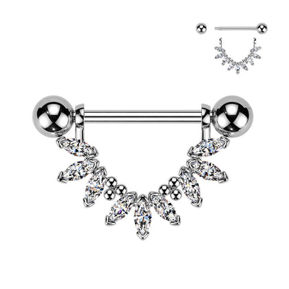 316L Surgical Steel White CZ Marquise Beaded Design Nipple Shield Straight Barbell