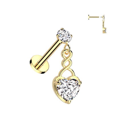 316L Surgical Steel Gold PVD White CZ Internally Threaded Heart Dangle Flat Back Labret