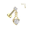 316L Surgical Steel Gold PVD White CZ Internally Threaded Heart Dangle Flat Back Labret