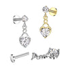 316L Surgical Steel Gold PVD White CZ Internally Threaded Heart Dangle Flat Back Labret