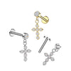 316L Surgical Steel Gold PVD White CZ Cross Dangle Internally Threaded Flat Back Labret - Pierced Universe