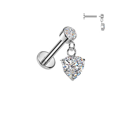 316L Surgical Steel White CZ Heart Dangle Internally Threaded Flat Back Labret