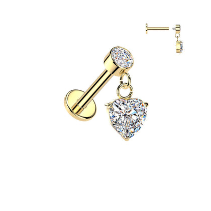 316L Surgical Steel Gold PVD White CZ Heart Dangle Internally Threaded Flat Back Labret