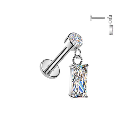 316L Surgical Steel White CZ Baguette Dangle Internally Threaded Flat Back Labret - Pierced Universe