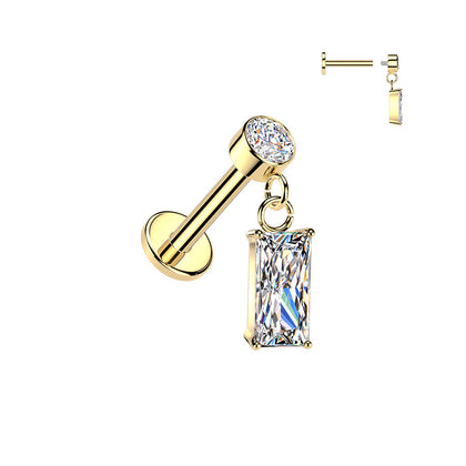 316L Surgical Steel Gold PVD White CZ Baguette Dangle Internally Threaded Flat Back Labret - Pierced Universe