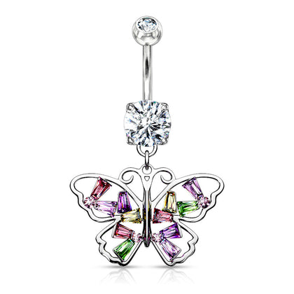 316L Surgical Steel Large Multi Colour Gem Butterfly Dangle Belly Ring - Pierced Universe