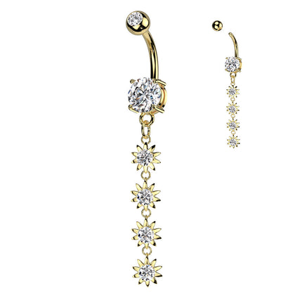 316L Surgical Steel Gold PVD White CZ Gem Long Flower Dangly Belly Ring