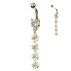 316L Surgical Steel Gold PVD White CZ Gem Long Flower Dangly Belly Ring