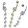 316L Surgical Steel White CZ Gem Long Flower Dangly Belly Ring