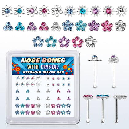 Box of 925 Sterling Silver Multi Colour Flowers Sunburst Ball End Nose Ring Stud