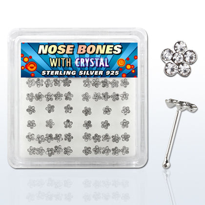 Box of 925 Sterling Silver White CZ Gem Flower Ball End Nose Ring Stud