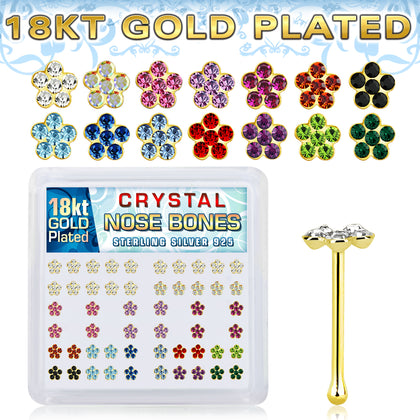 Box of 925 Sterling Silver Multi Colour 18KT Gold Plated CZ Gem Flower Ball End Nose Ring Stud