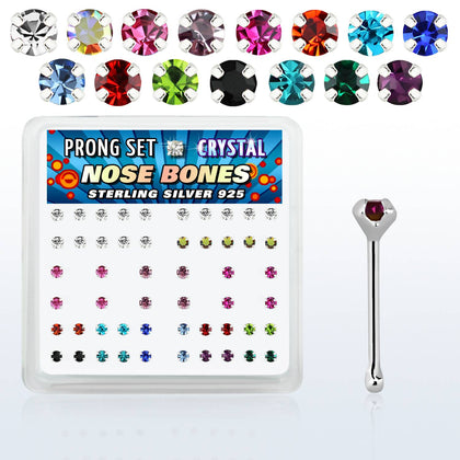 Box of Multi Colour Gem Clawed 925 Sterling Silver Ball End Nose Ring Stud