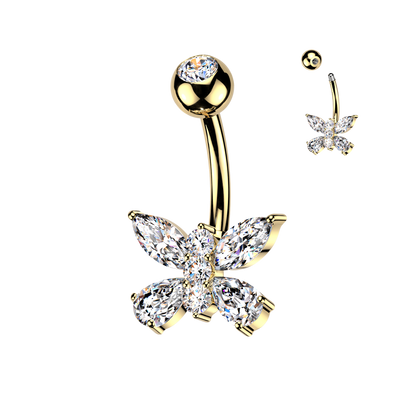 316L Surgical Steel Gold PVD Butterfly White CZ Belly Ring
