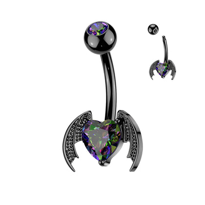 316L Surgical Steel Black PVD Vitrail Medium CZ Heart With Wings Stud Belly Ring