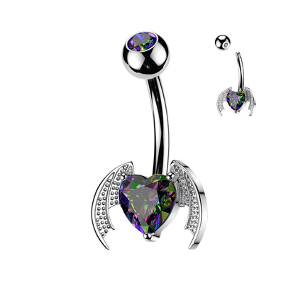 316L Surgical Steel Vitrail Medium CZ Heart With Wings Stud Belly Ring
