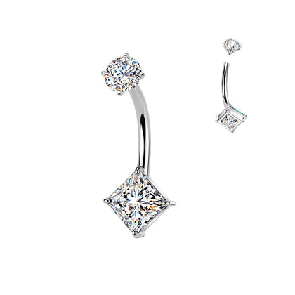 316L Surgical Steel White CZ Square Gem Internally Threaded Belly Ring