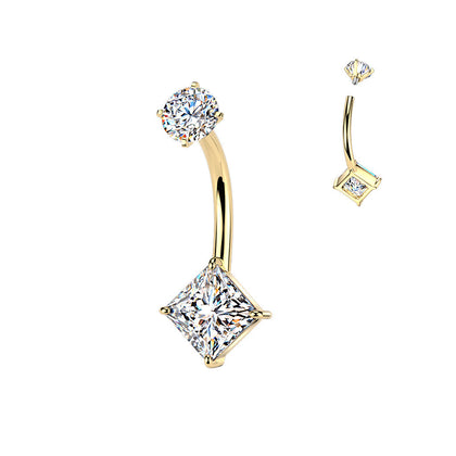 316L Surgical Steel Gold PVD White CZ Square Gem Internally Threaded Belly Ring