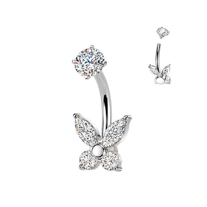 316L Surgical Steel Butterfly White CZ Belly Ring