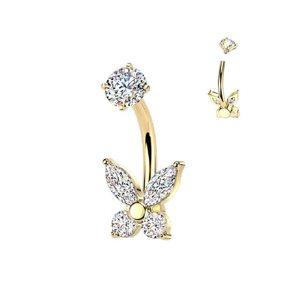 316L Surgical Steel Gold PVD Butterfly White CZ Belly Ring