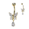 316L Surgical Steel Gold PVD White CZ Butterfly Tear Drop Dangle Belly Ring - Pierced Universe