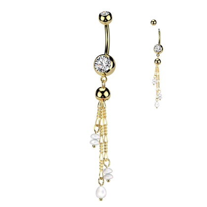 316L Surgical Steel Gold PVD White CZ & Pearl Long Dangly Belly Ring