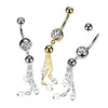 316L Surgical Steel Gold PVD White CZ & Pearl Long Dangly Belly Ring