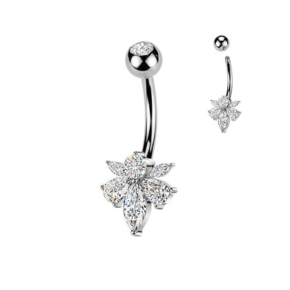 316L Surgical Steel White CZ 5 Petal Flower Belly Ring