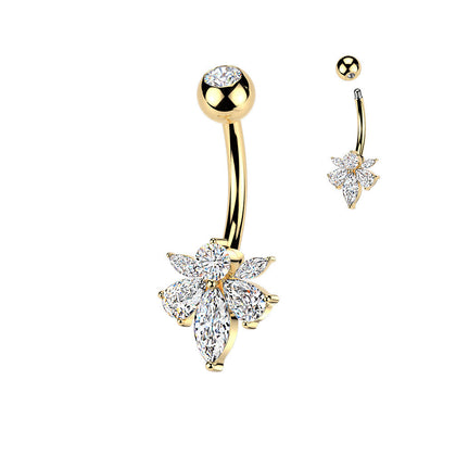 316L Surgical Steel Gold PVD White CZ 5 Petal Flower Belly Ring
