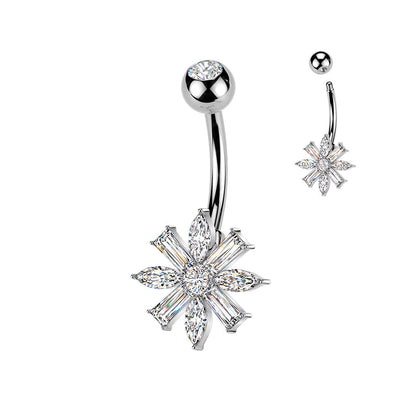 316L Surgical Steel White CZ Gem Flower Belly Ring - Pierced Universe