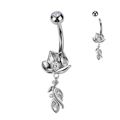 316L Surgical Steel White CZ Open Flower Leaf Dangle Belly Ring - Pierced Universe