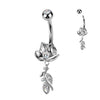 316L Surgical Steel White CZ Open Flower Leaf Dangle Belly Ring - Pierced Universe