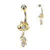 316L Surgical Steel Gold PVD White CZ Open Flower Leaf Dangle Belly Ring - Pierced Universe