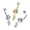 316L Surgical Steel Gold PVD White CZ Open Flower Leaf Dangle Belly Ring - Pierced Universe
