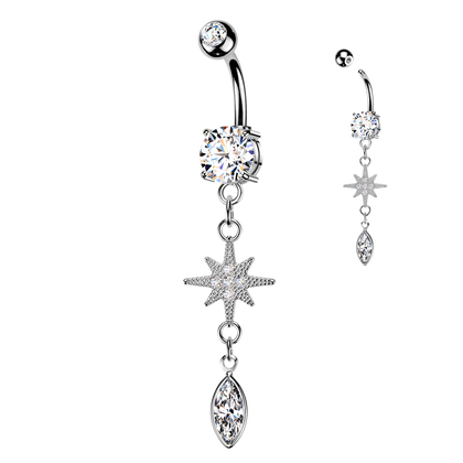 316L Surgical Steel White CZ Pointed Star Marquise Gem Dangle Belly Ring