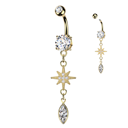 316L Surgical Steel Gold PVD White CZ Pointed Star Marquise Gem Dangle Belly Ring