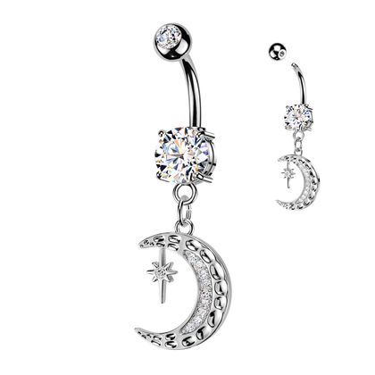 316L Surgical Steel White CZ Large Pave Moon And Star Celestial Dangle Belly Ring