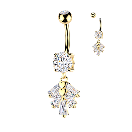316L Surgical Steel Gold PVD White CZ Trapezoid Gem And Heart Dangle Belly Ring
