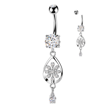 316L Surgical Steel White CZ Flower Teardrop Gem Dangle Belly Ring