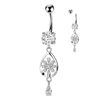 316L Surgical Steel White CZ Flower Teardrop Gem Dangle Belly Ring